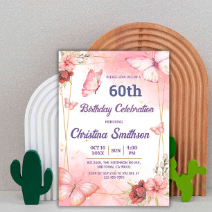 Elegant cute pink floral butterfly 60th birthday invitation