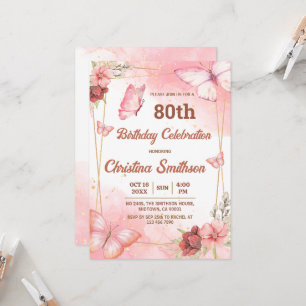 Elegant cute pink floral butterfly 80th birthday invitation