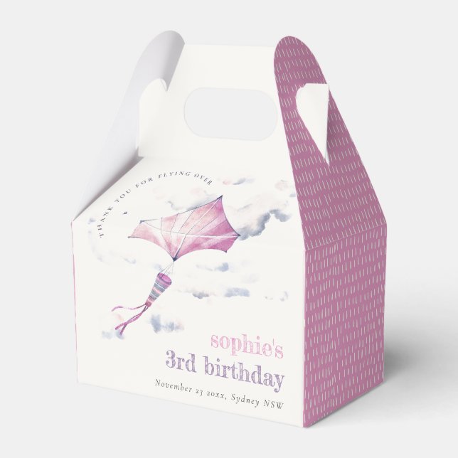 Elegant Cute Pink Flying Kite Sky Clouds Birthday Favor Box (Front Side)
