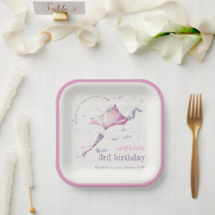 Elegant Cute Pink Flying Kite Sky Clouds Birthday Paper Plate