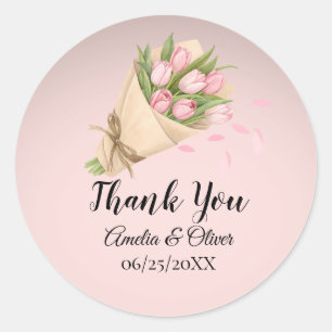 Elegant Cute Pink Tulips Bouquet Wedding Classic Round Sticker
