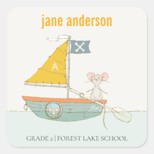 Elegant Cute Pirate Mouse Sailboat Kids Monogram  Square Sticker