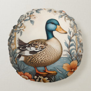 Elegant Cute Plump Duck Vintage Floral Round Pillow