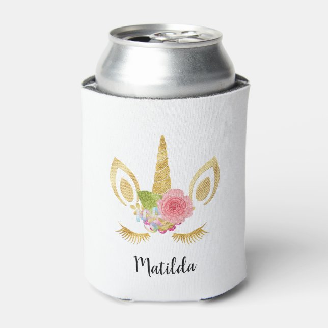 Elegant cute pretty floral gold glitter unicorn can cooler (Can Front)