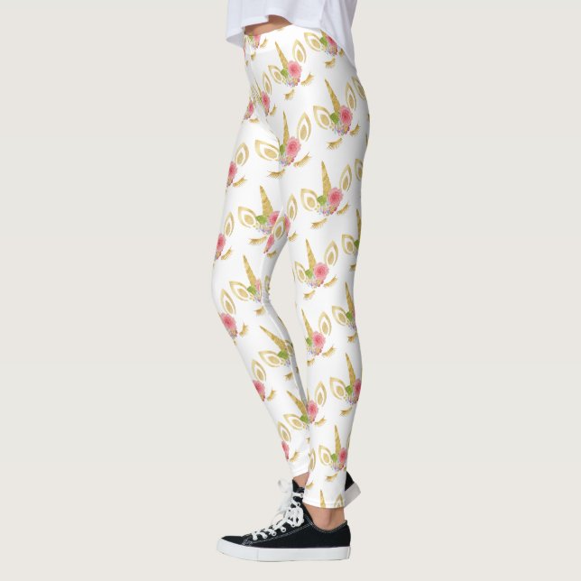 Elegant cute pretty floral gold glitter unicorn leggings (Left)