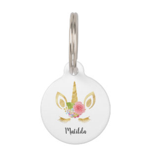Elegant cute pretty floral gold glitter unicorn pet tag
