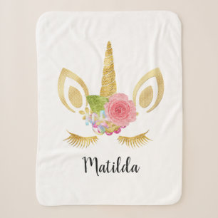Elegant cute pretty floral gold glitter unicorn sherpa blanket