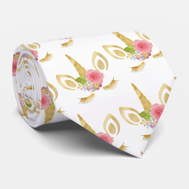 Elegant cute pretty floral gold glitter unicorn tie (Rolled)