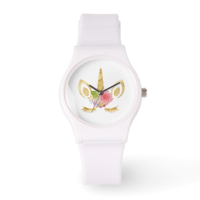 Elegant cute pretty floral gold glitter unicorn watch (Front)