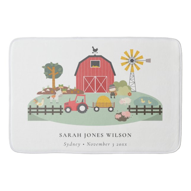 Elegant Cute Red Green Barnyard Farm Animal Kid Bath Mat (Front)