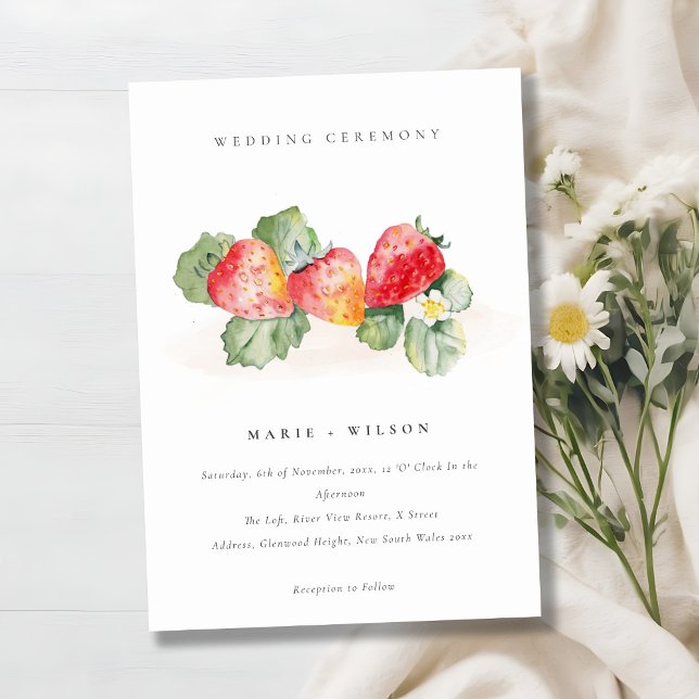 Elegant Cute Red Strawberry Leafy Foliage Wedding Invitation (Creator Uploaded)
