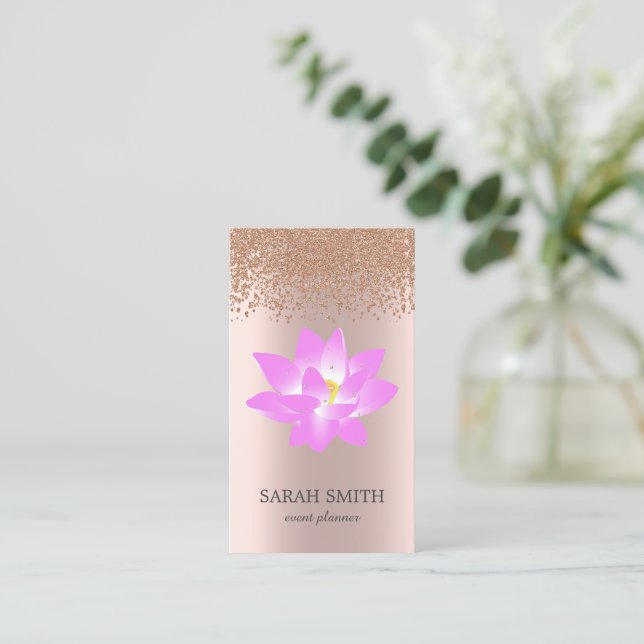 Elegant Cute Rose Gold Diamonds Lotus Business  Business Card (Standing Front)