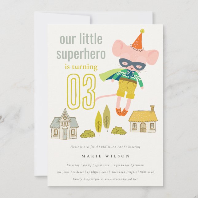 Elegant Cute Superhero Mouse Fun Kids Birthday Invitation (Front)