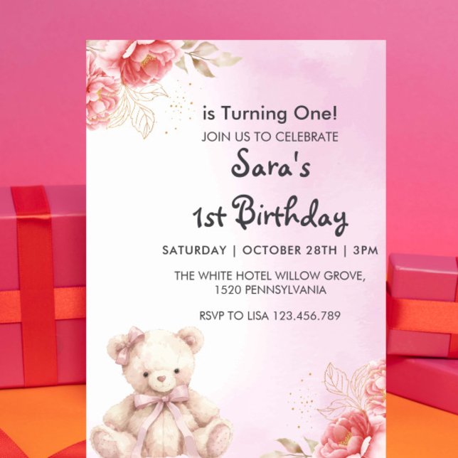 Elegant & Cute Teddy Floral First 1st Birthday Invitation (Creator Uploaded)