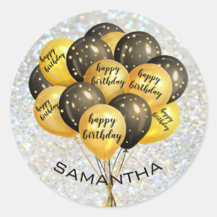 Elegant Cute Trendy Gold Black Happy Birthday Classic Round Sticker