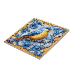 Elegant Cute Trendy Wildlife Floral Blue Bird Tile