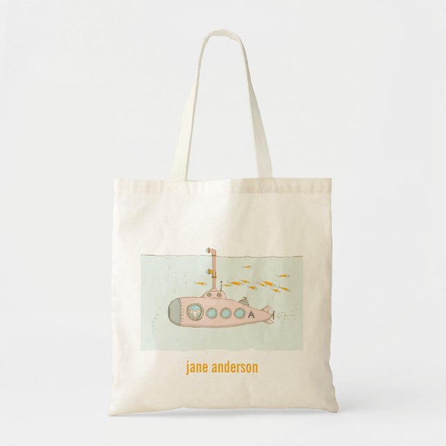 Elegant Cute Underwater Submarine Fish Monogram Tote Bag (Front)