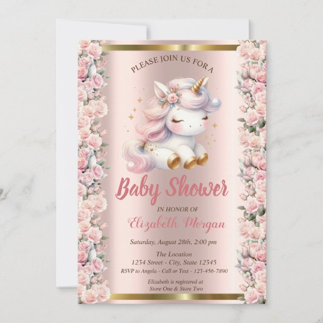 Elegant Cute Unicorn Roses Rose Gold Baby Shower  Invitation (Front)