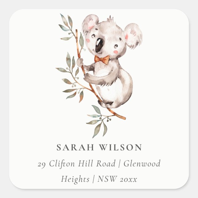 Elegant Cute Watercolor Baby Koala Foliage Address Square Sticker (Front)