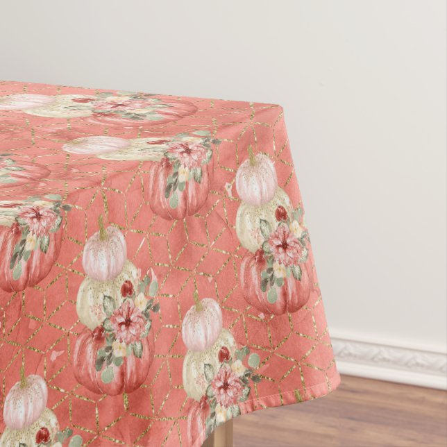 Elegant Cute Watercolor Pink Cream Red Pumpkins Tablecloth (In Situ)