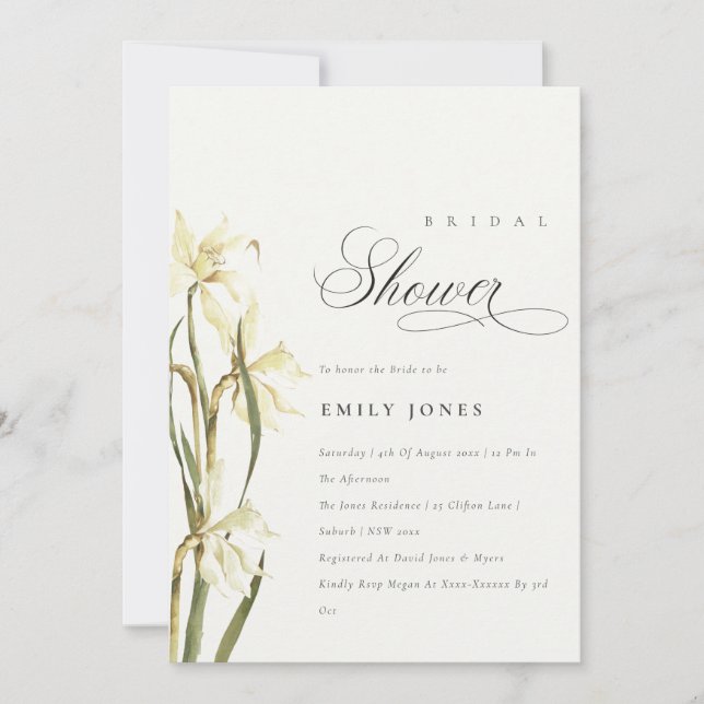 Elegant Cute White Daffodil Bridal Shower Invite (Front)