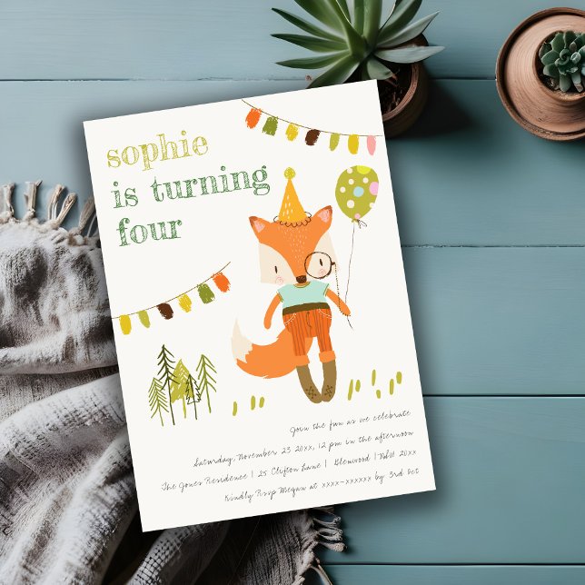 Elegant Cute Woodland Fun Party Fox Kids Birthday Invitation (Creator Uploaded)