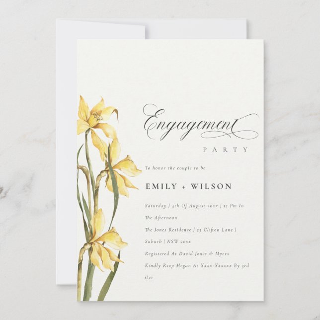 Elegant Cute Yellow Daffodil Engagement Invite (Front)