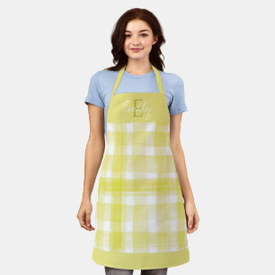 Elegant Cute yellow White Plaid Monogram Christmas Apron