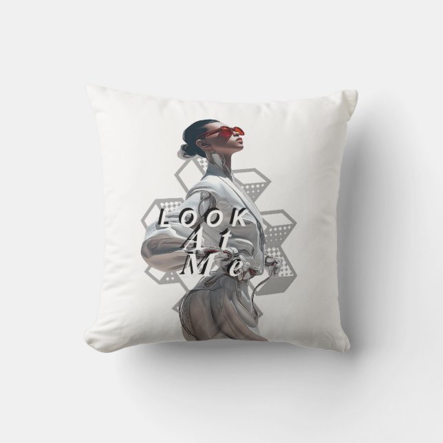 Elegant Cyborg in White Futurisistic Fashion Throw Pillow (Front)