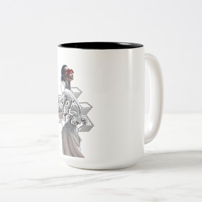 Elegant Cyborg in White Futurisistic Fashion Two-Tone Coffee Mug (Front Right)