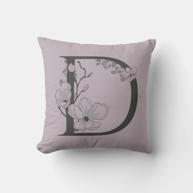 Elegant D Boho Floral Monogram Initial Lilac Grey Throw Pillow (Front)