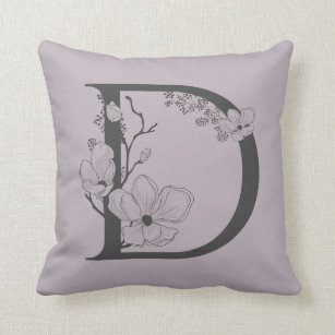 Elegant D Boho Floral Monogram Initial Lilac Grey Throw Pillow