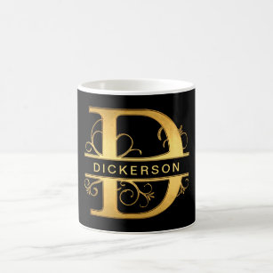 Elegant "D" Monogram Personalized Name Black Gold Coffee Mug
