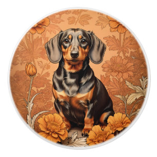 Elegant Dachshund And Marigolds Ceramic Knob
