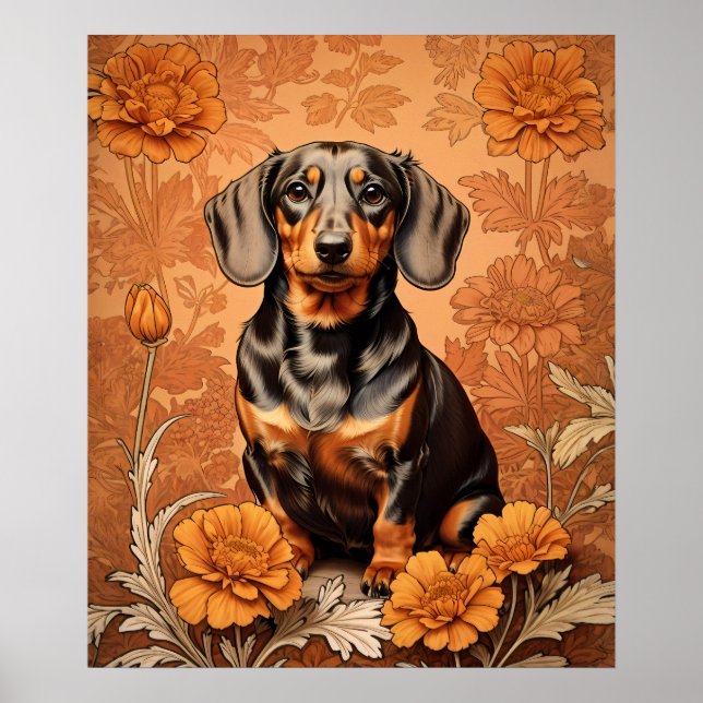 Elegant Dachshund And Marigolds   Poster (Front)