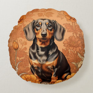 Elegant Dachshund And Marigolds Round Pillow