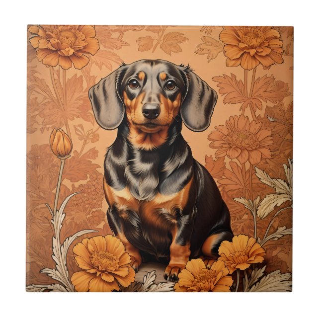 Elegant Dachshund And Marigolds   Tile (Front)
