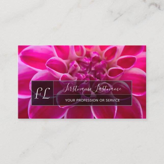 Elegant dahlia blossom grey rectangle monogram business card (Front)