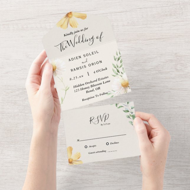 Elegant Daisy All In One Wedding Invitation (Tearaway)