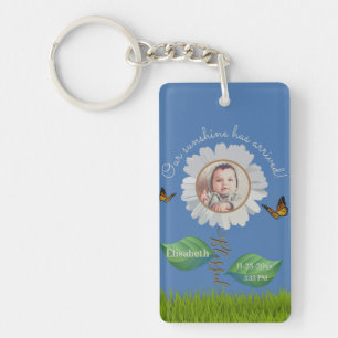 Elegant Daisy Blue Floral Cute Baby Photo & Name Keychain