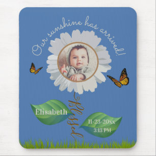 Elegant Daisy Blue Floral Cute Baby Photo & Name Mouse Pad