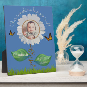Elegant Daisy Blue Floral Cute Baby Photo & Name Plaque