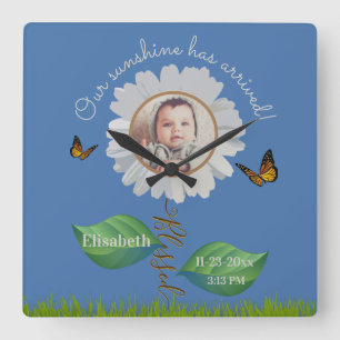 Elegant Daisy Blue Floral Cute Baby Photo & Name Square Wall Clock