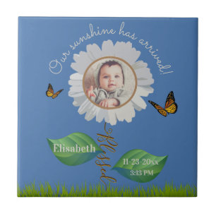 Elegant Daisy Blue Floral Cute Baby Photo & Name Tile