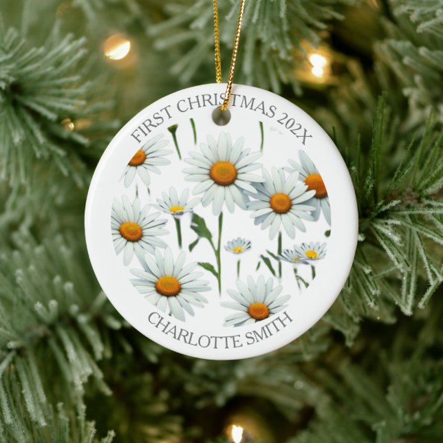 Elegant Daisy Boho Floral First Christmas Ceramic Ornament (Tree)