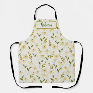 Elegant Daisy Floral Design Ivory Greenery Branch Apron