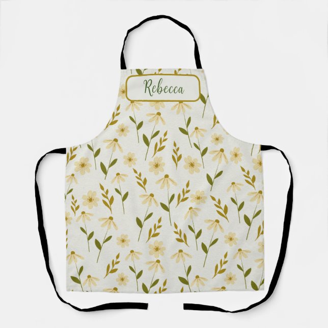 Elegant Daisy Floral Design Ivory Greenery Branch Apron (Front)