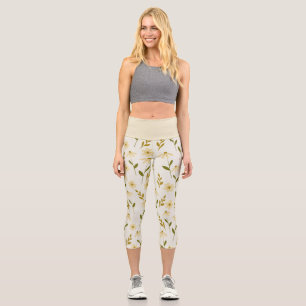 Elegant Daisy Floral Design Ivory Greenery Branch Capri Leggings