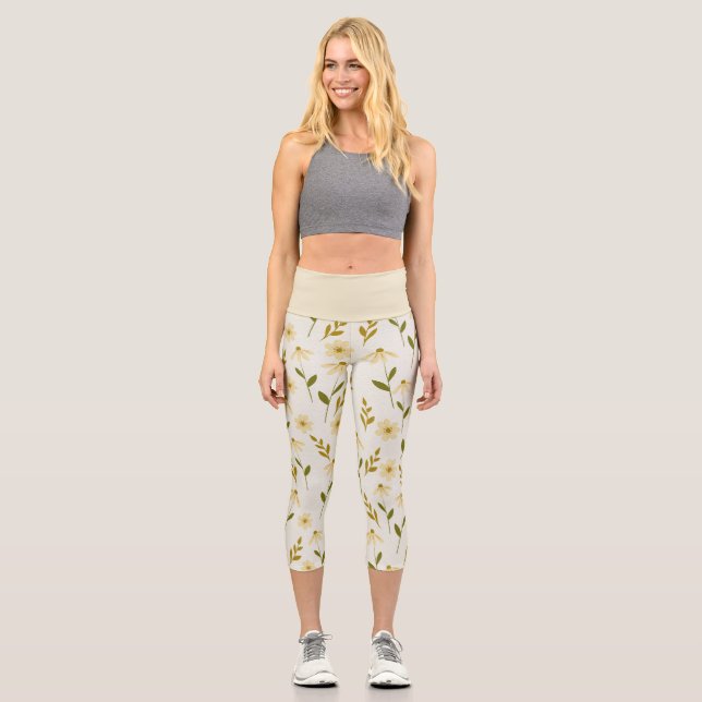 Elegant Daisy Floral Design Ivory Greenery Branch Capri Leggings (Front)