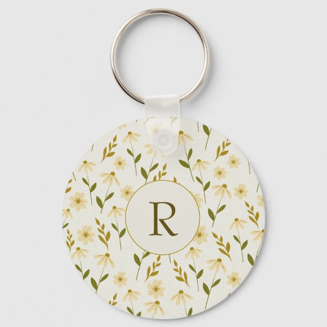Elegant Daisy Floral Design Ivory Greenery Branch Keychain (Front)